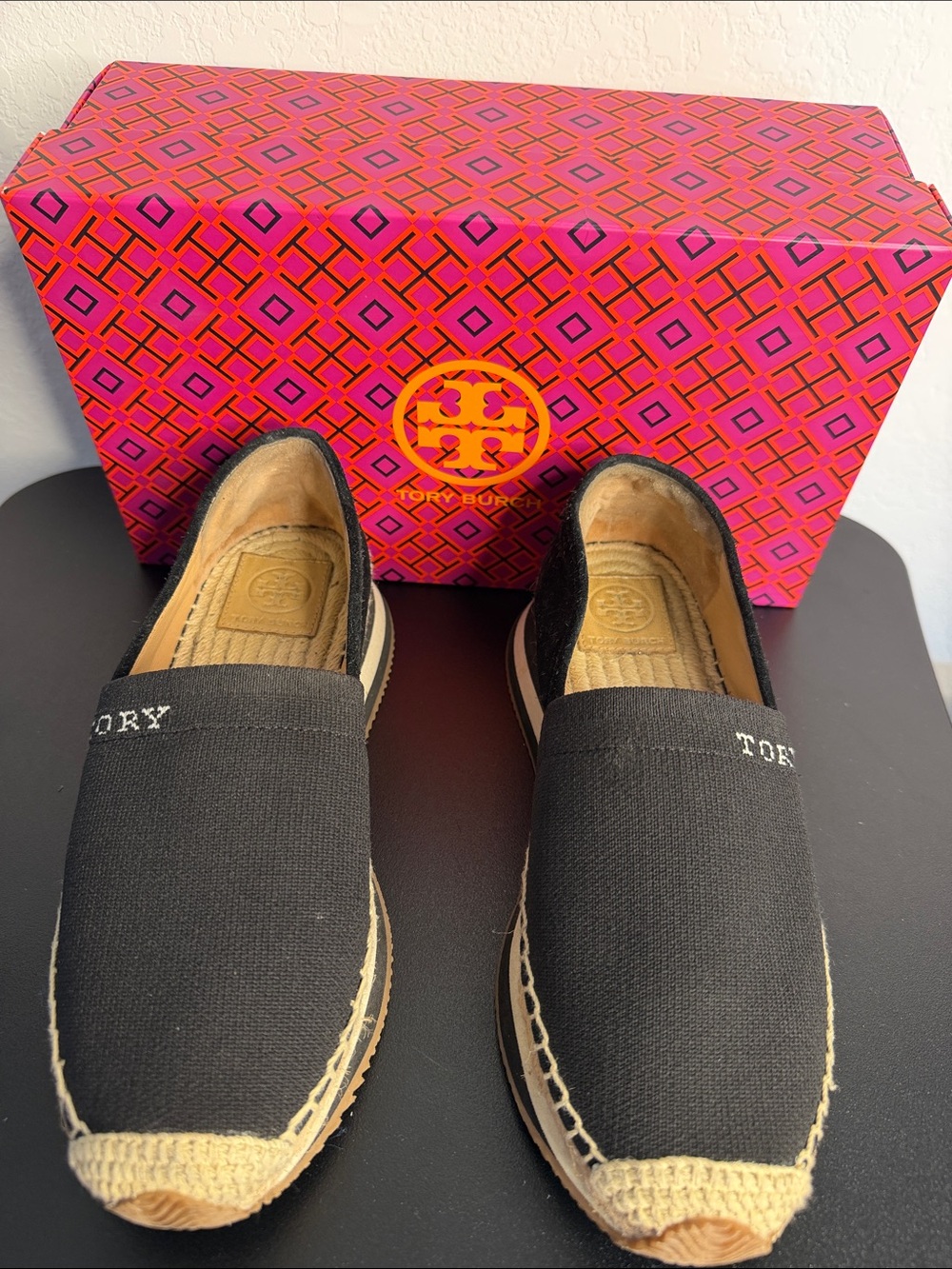 Tory Burch Black Canvas Espadrille Slip-Ons